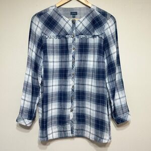 J. Jill Plaid Double Gauze Button Down Shirt Womens LP Roll Tab Sleeves Casual‎